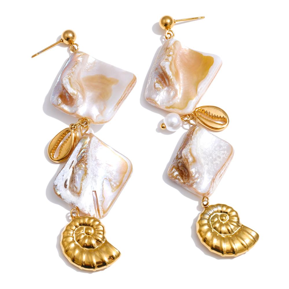 Eetit Ocean Series Square Shell Conch Drop Earrings Summer Holiday Golden Stainless Steel Jewelry Waterproof Recommend New