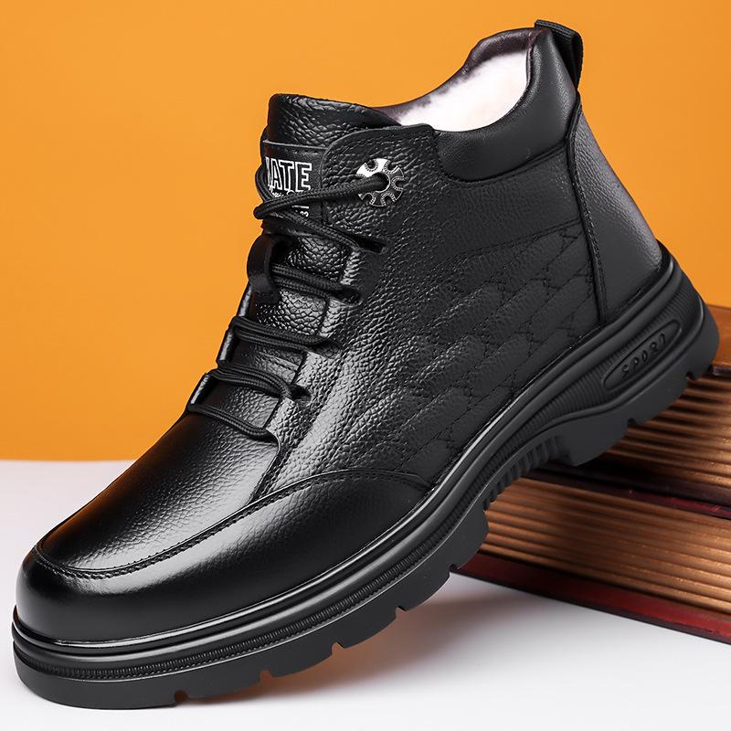 Winter High-Top Men's Genuine Leather Wool-Lined Shoes - Warm, Cold-Resistant, Slip-Resistant, and Lace-up for Business Casual Wear.