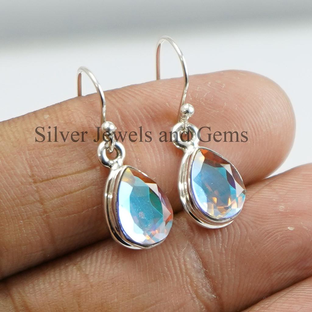 Natural Angel Aura Quartz Earrings, Handmade Earrings, 925 Sterling Silver Teardrop Aura Quartz Earrings, Anniversary Earring
