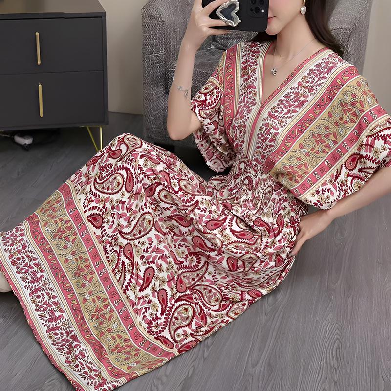 25th Anniversary Ethnic V-Neck Rayon Short Sleeve French-Thai Print Holiday Dress for Women