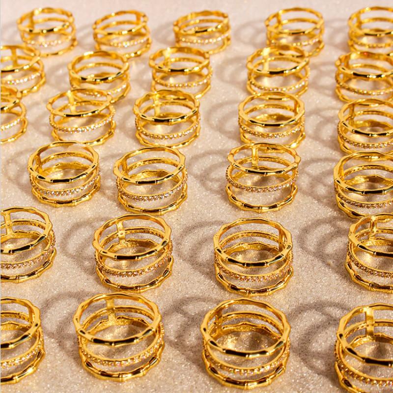 Womens Fashion Stackable Wide Band Bamboo Joint Ring With Zirconia Inlay Gold Plated Copper