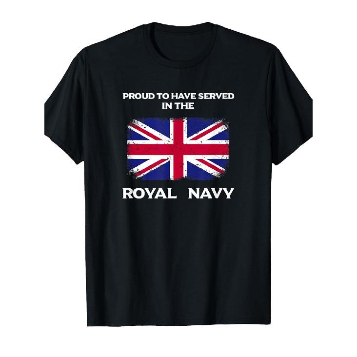 Men's British Royal Navy T-Shirt - Union Jack Flag & RN Logo Print, Loose Fit Short Sleeve, Navy Blue & White Retro Tee for Casual Wear, Mens T