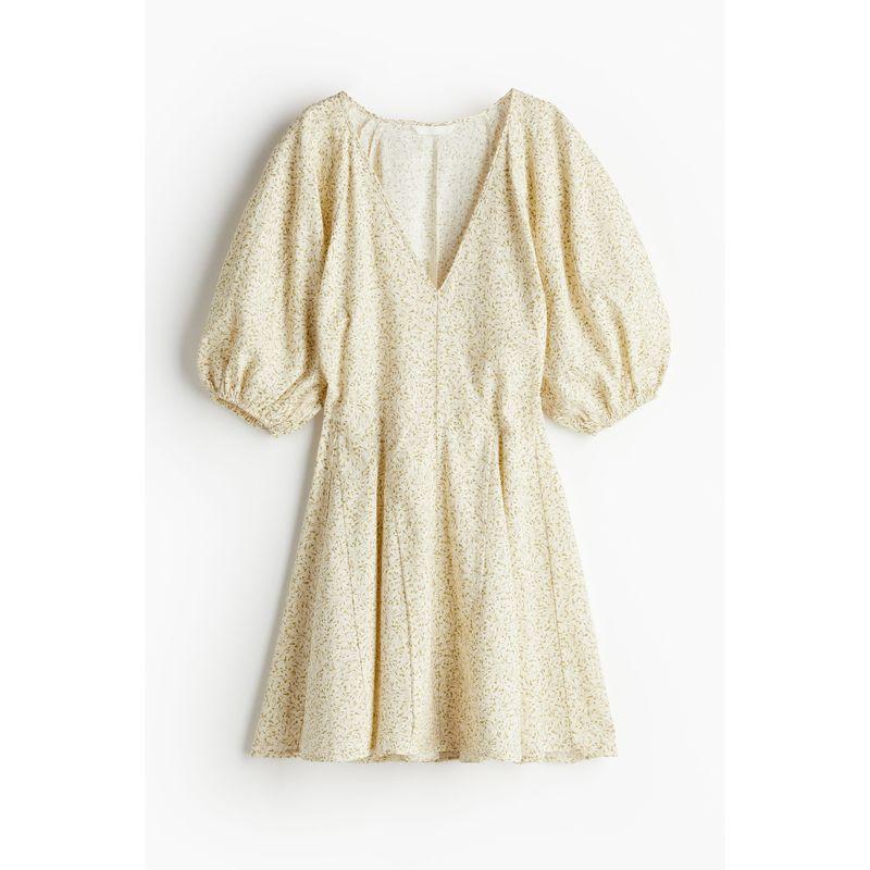 

Женское платье HM Осенний принт На бретелях Мягкий V-образный вырез Рукав-фонарик Плиссированное Стиль для отпуска Пляжное платье 1231783 White/Yellow Florals 155/80