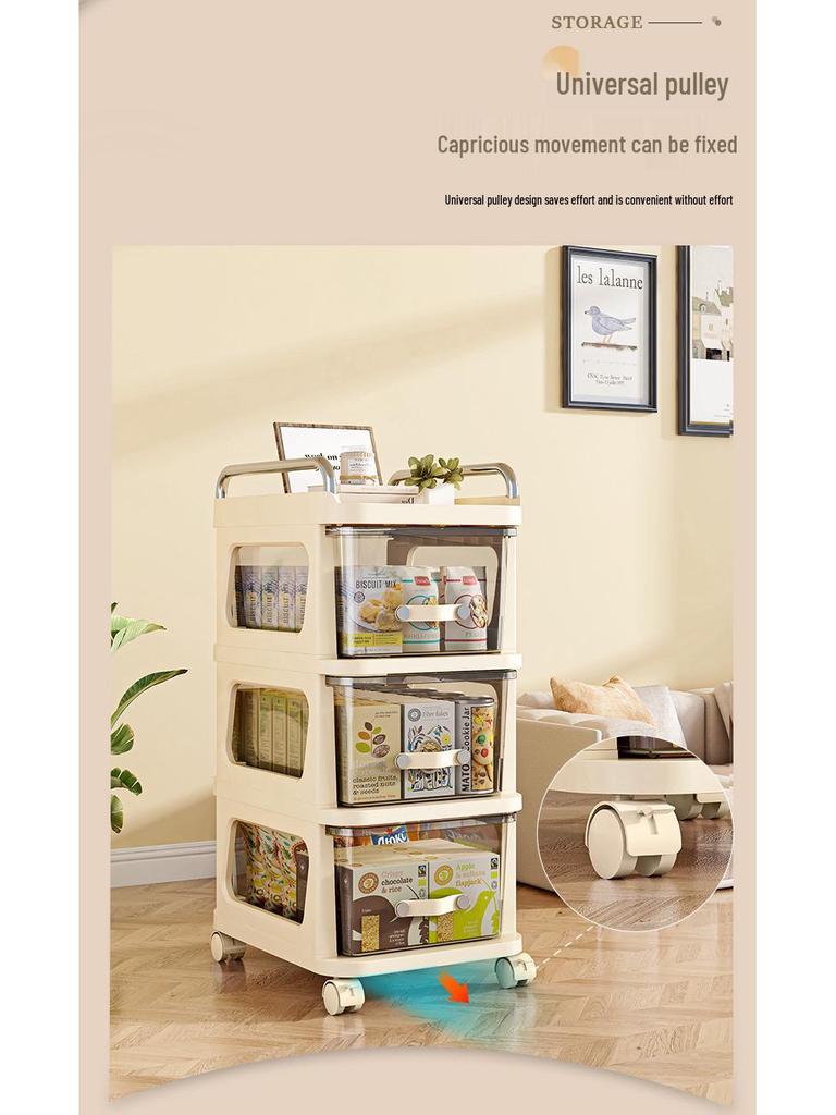 Multi-layer Transparent Drawer Storage Cabinet & Movable Trolley Shelf for Living Room