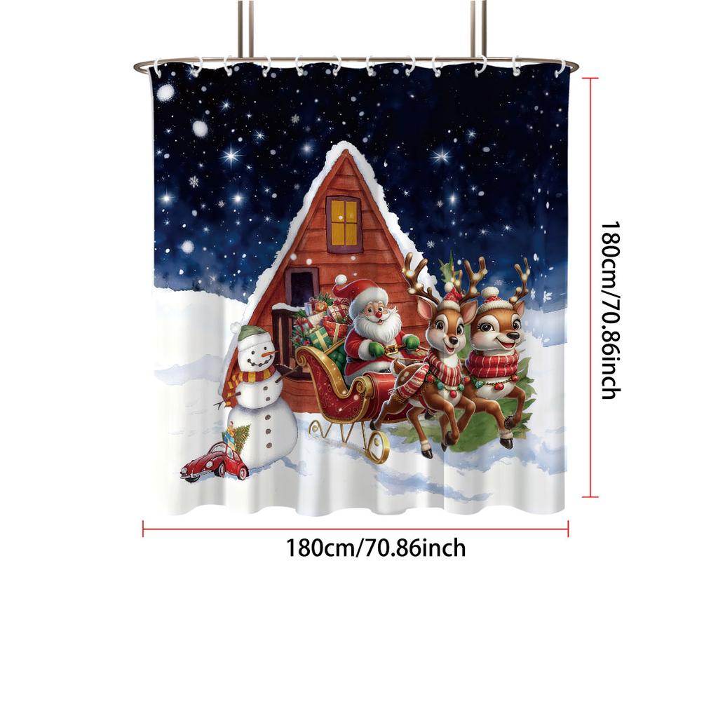 1Pc Santa Claus Printed Waterproof Shower Curtain Bathroom Partition Privacy Multiple Sizes With 12 Hooks Easy To Install