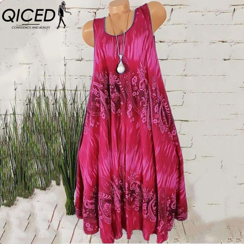 QICED Women Summer Sleeveless Floral Print Round Neck Dress