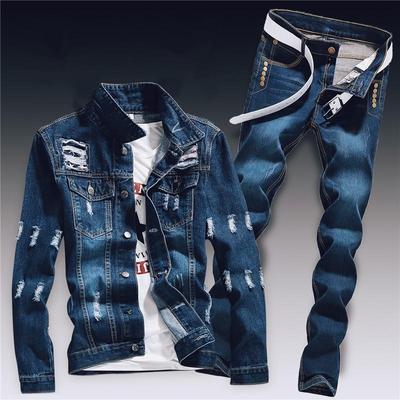 Spring Mens Denim Two Piece Set Hole Ripped Slim Fit Jacket Jeans Sets Male Casual Vintage Ropa Hombre Cargo Suit Streetwear