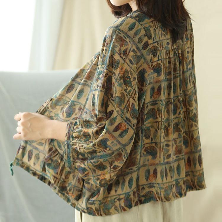 Women Cotton Linen Shirt Vintage Oversized Floral Print Blouses Harajuku Raglan Sleeve Loose Ladies Casual Button Up Shirts Tops