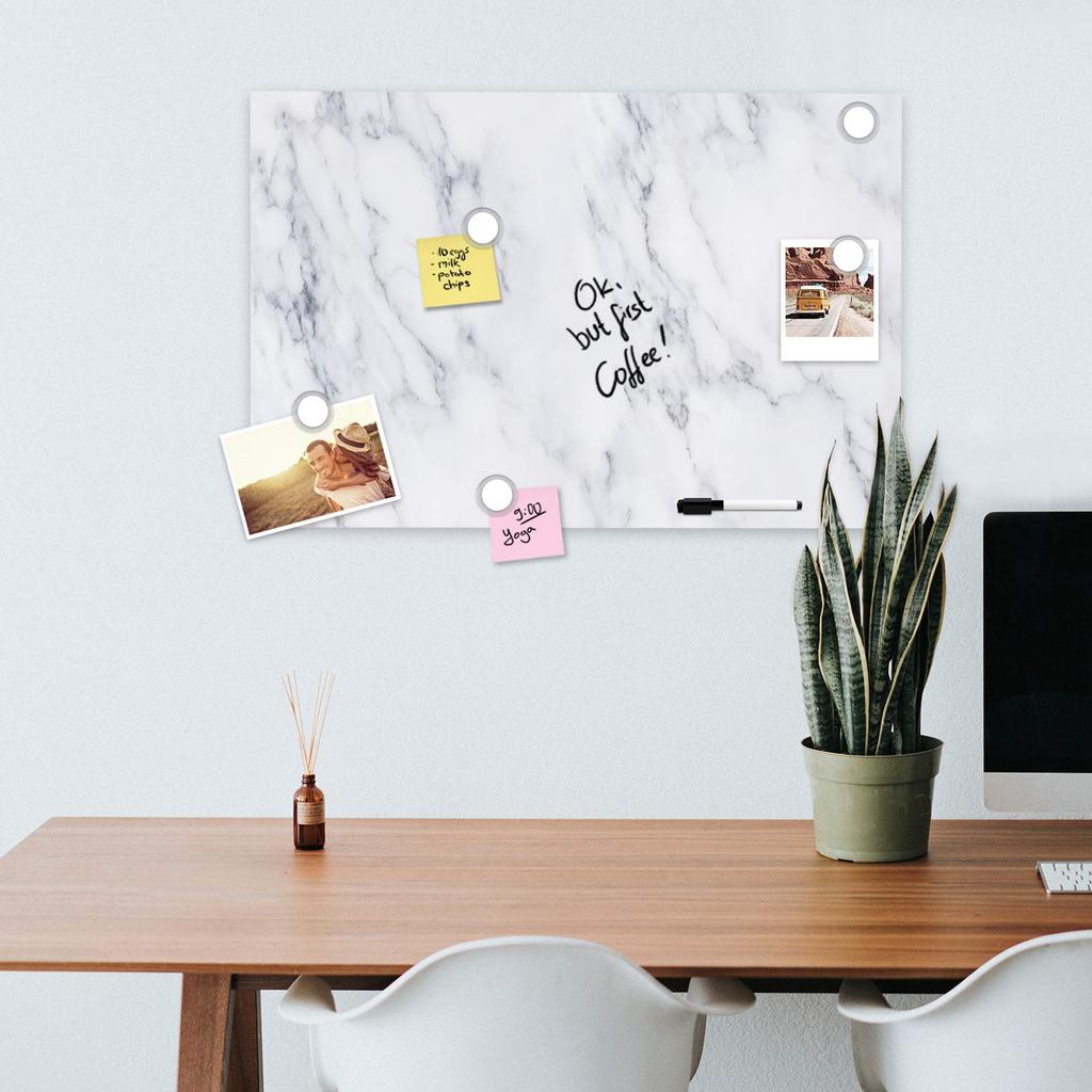 Navaris Magnetic Whiteboard, 60 x 40 cm - Stylish Magnetic Wall-Mounted MDF Memo Board for Offices, Meeting Rooms, and Home Use - White Marble