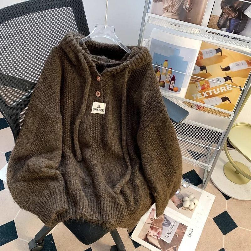 

Женские осенне-зимние простые ленивые худи с кулиской, вязаные Y2k свитеры с длинным рукавом XS кофейный