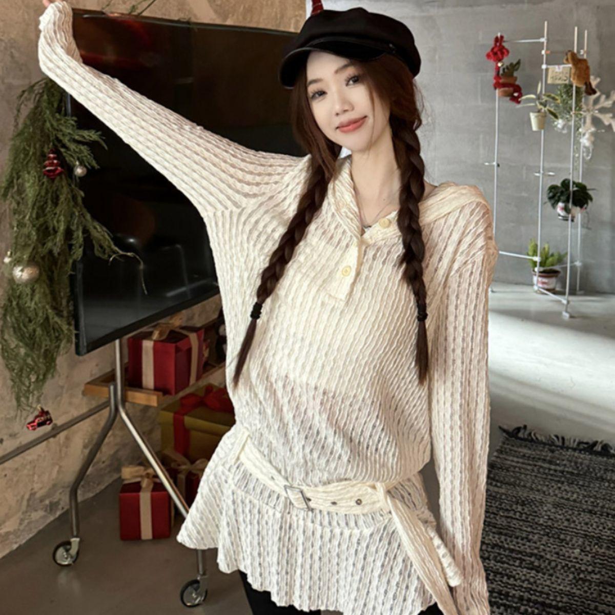 Korean Lace Ruffle Hooded Sweatshirt Dress - Sheer Long Sleeve, Spring 2026 S 80-95 lbs