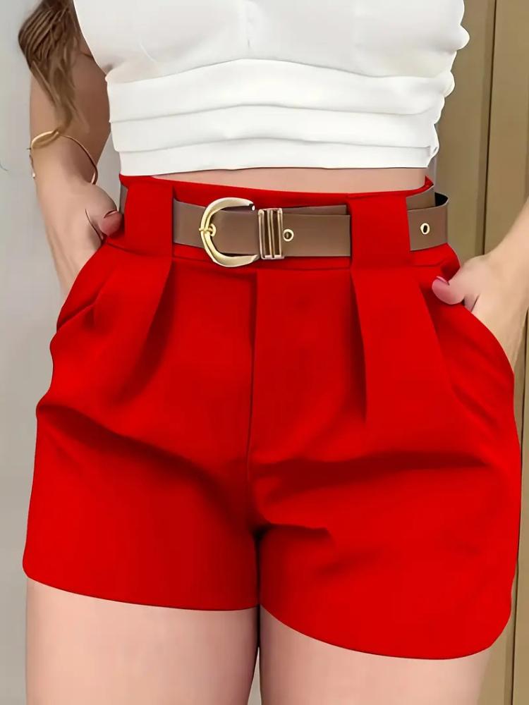 Women's Elegant White Casual Shorts High Waist Pleated Design with Pocket High Waist Shorts
