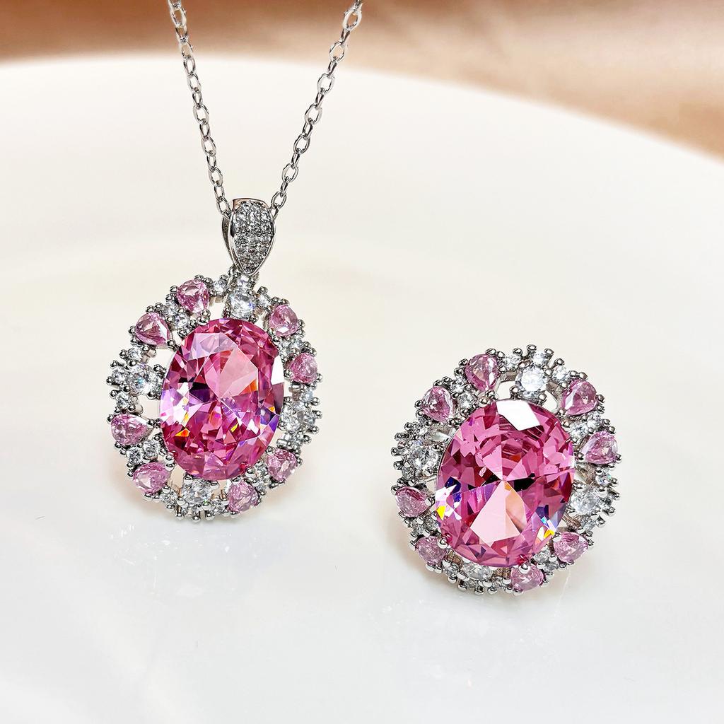 Fashion Luxury Pink Diamond Pendant Necklace Light Luxury Elegant Pigeon Egg Argyle Pink Ring Colorful Treasure Set Women