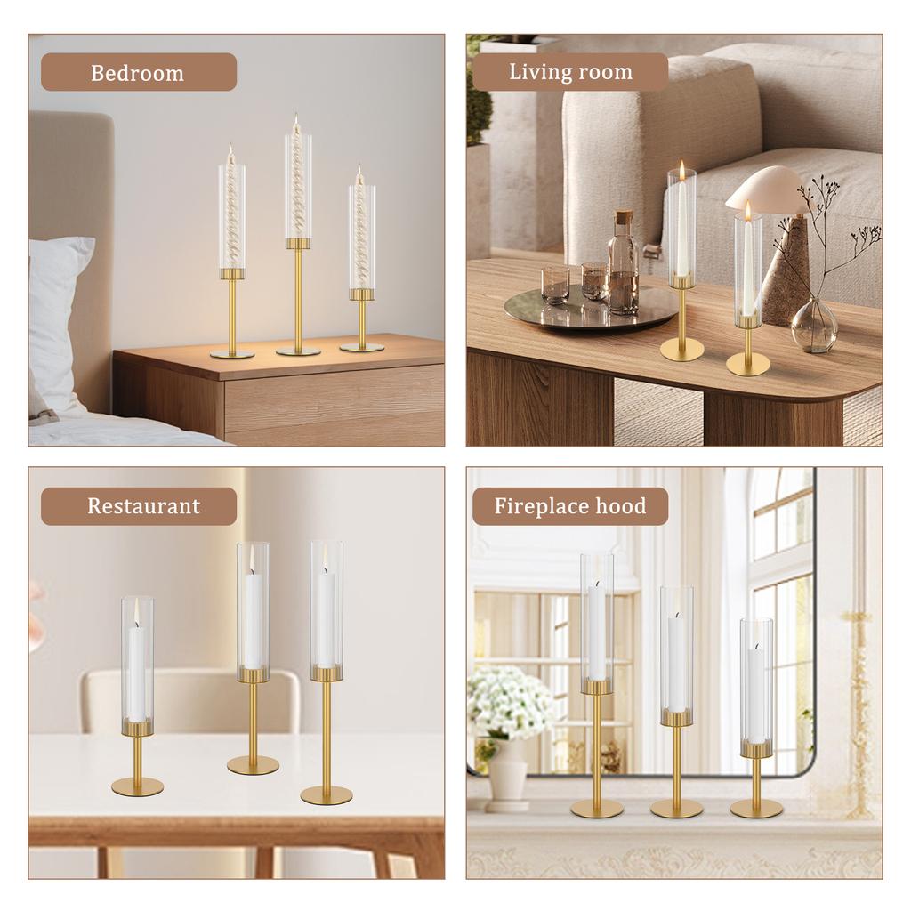 3Pcs Candlestick Holder Hurricane Candle Holder with Ribbed Glass Cylinder Windproof Tall Candlestick Holder for Table Fireplace