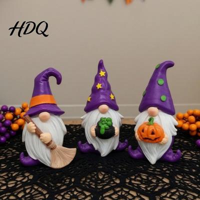 Resin Spooky Ornaments Halloween Gnome Figurine, Broom Cauldron Pumpkin Dwarf Magic Crucible And Decor Statue for Desk Shelf, Holiday Party