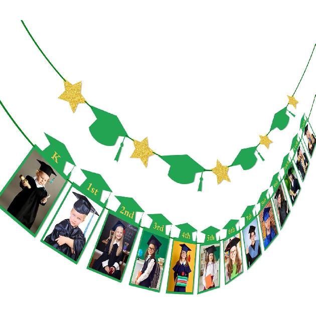 Whaline 2Pcs Graduation Photo Banner, Congrats Grad Banner, No DIY Require Hanging Bunting, Kindergarten to 12th Grade Picture Garland with Blue Gold