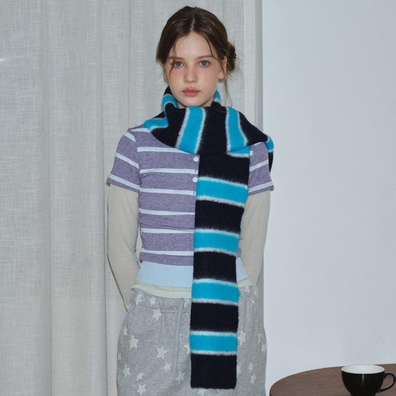 Korean Style Wool Blend Furry Striped Scarf Women Autumn Winter Small Soft Neck Warmer Muffler Female High Quality Thermal Wrap