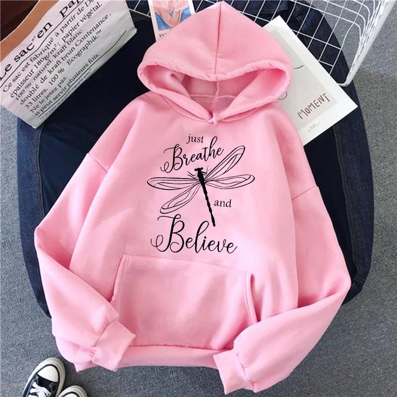 Women's Casual Dragonfly Sweatshirts Gothic Y2k Hoody Pullovers Just Breathe Believe Design Graphic Hoodies Streetwear Clothes