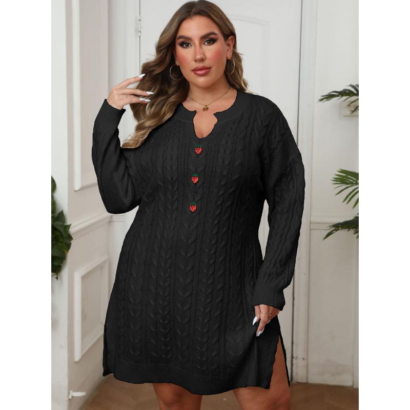 

Женское свитер-платье большого размера с V-образным вырезом и кабельной вязкой, однотонное, с клубничными пуговицами и 3D-декором, свитер-платье для женщин 3XL чёрный