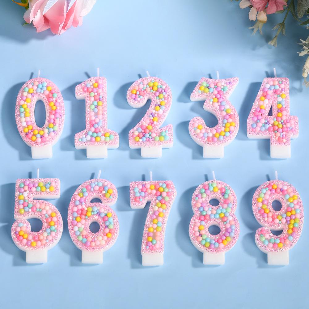 Colorful Ocean Bead Birthday Number Candle - Pink Edge Cake Decoration