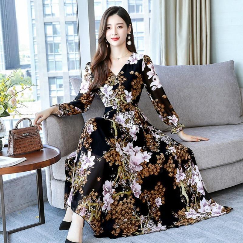 Langermet V-halskjole Kvinner Høst Slim Fit Lang A-linje stort skjørt