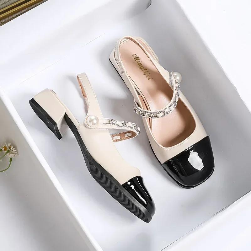 Fashion 2025 New Single Women's High Heels Round Head Vintage Mary Jane Chunky Heel Hepburn Pearl Shoes