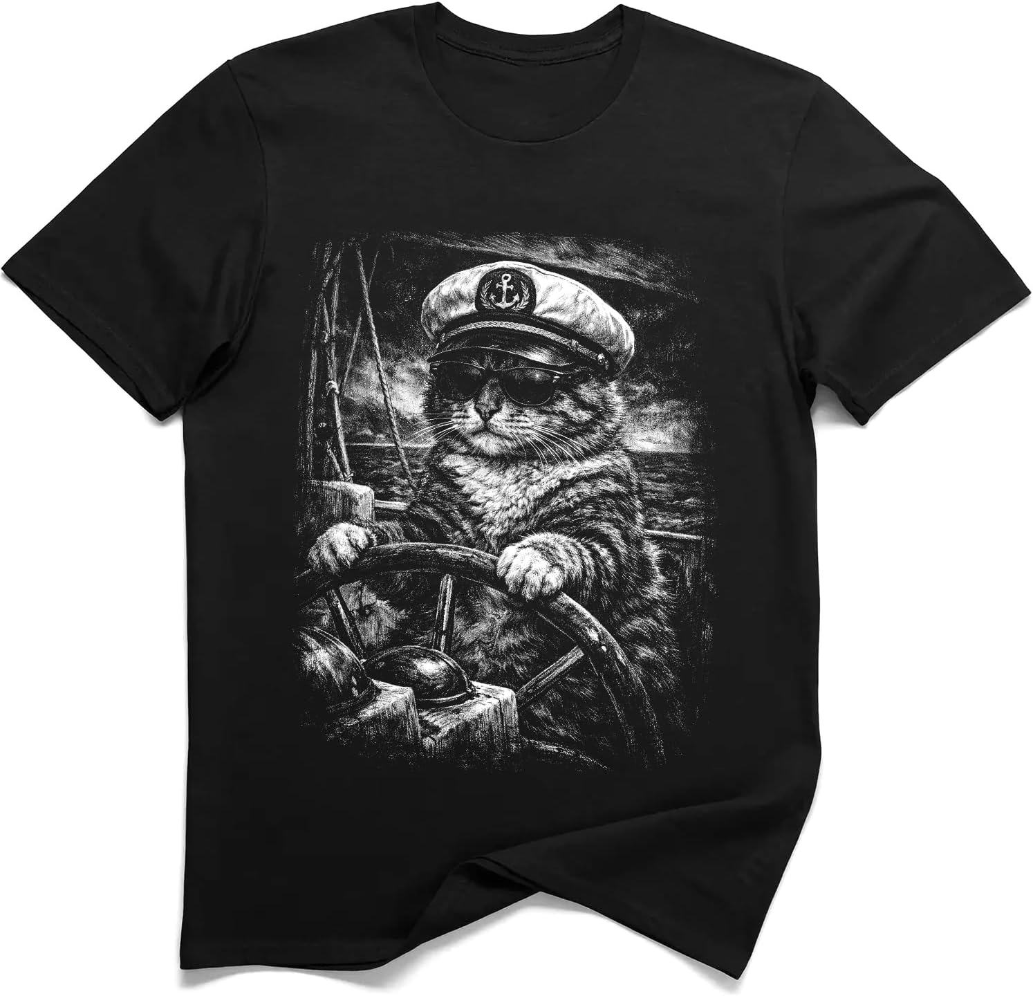 

Nautical Sailor Cat Steering Ship Graphic Tee 5XL різнокольоровий