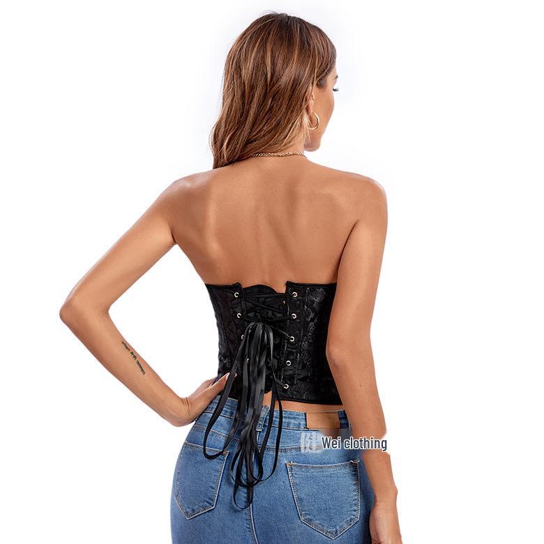 Vintage Fishbone Corset Crop Top: Drawstring, Waist Cincher, Tummy Control, Backless, Short Court Bodysuit with 4 Hooks.