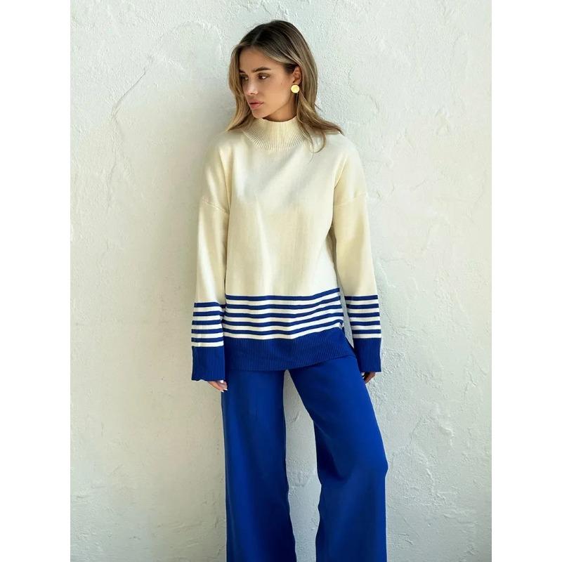 Knitted Two Piece Women Sleepwear Kits Winter Women Knit Suit Striped Turtleneck Sweater Home Suit 2 Piece Pants Kits for Women