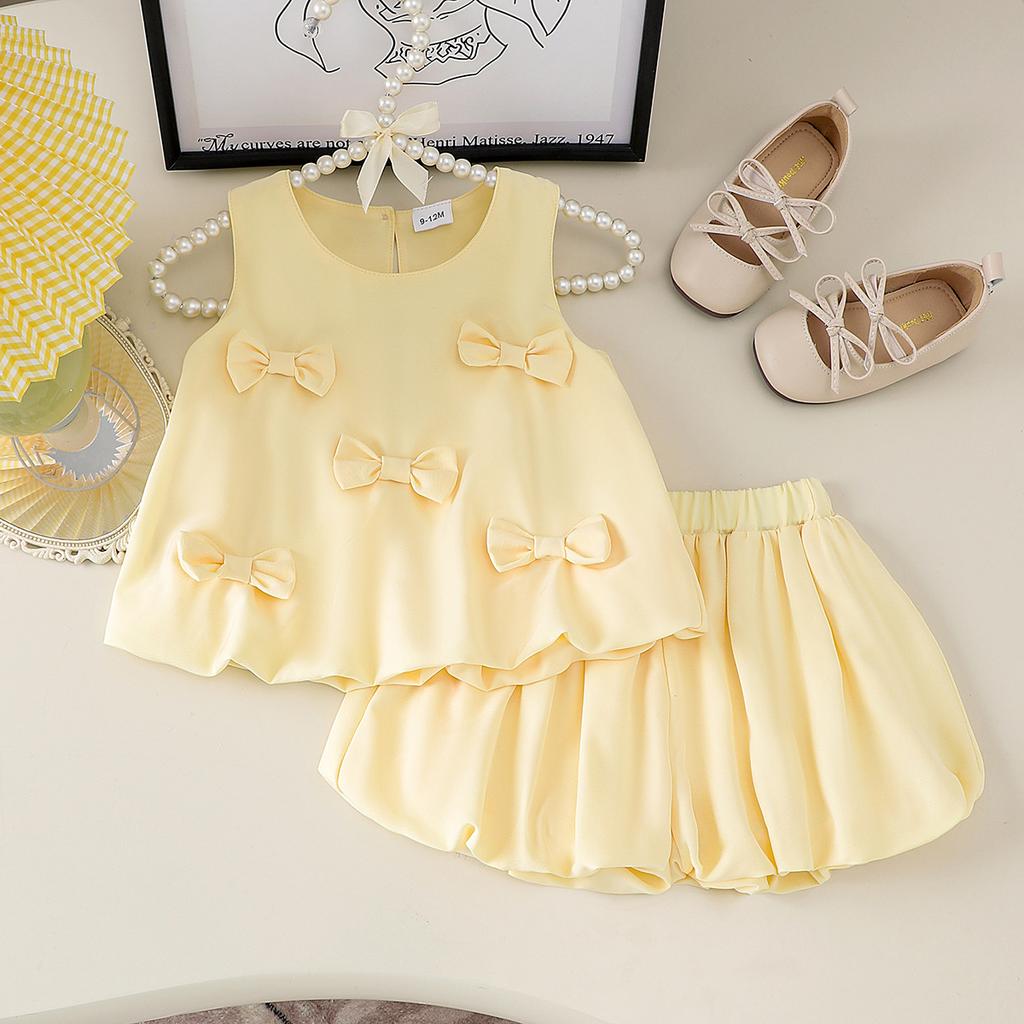 Girls' Fashionable Set Summer Children's Sweet Bow Sleeveless Top + Loose Shorts Two-piece Set