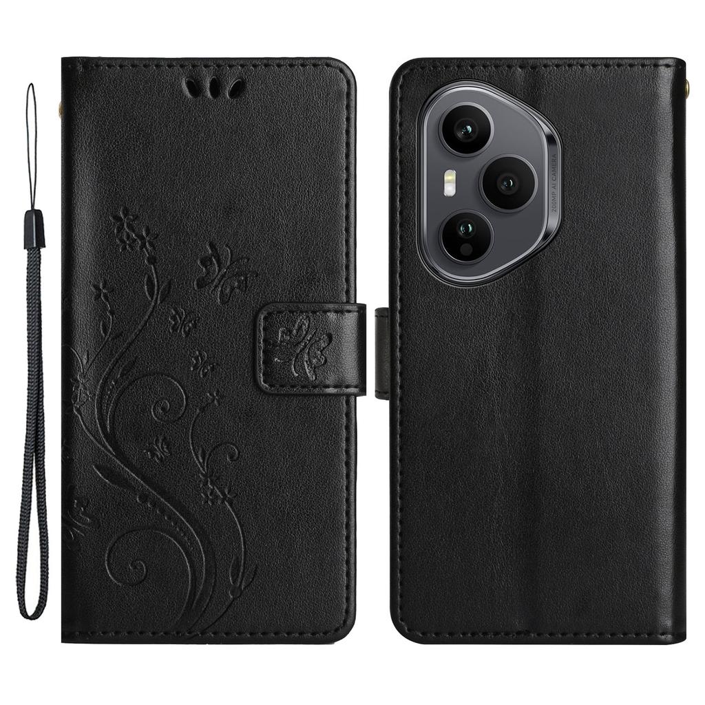 For Honor 400 Pro 5G (Global) Leather Wallet Case Butterfly Flower Imprinted Phone Cover with Strap