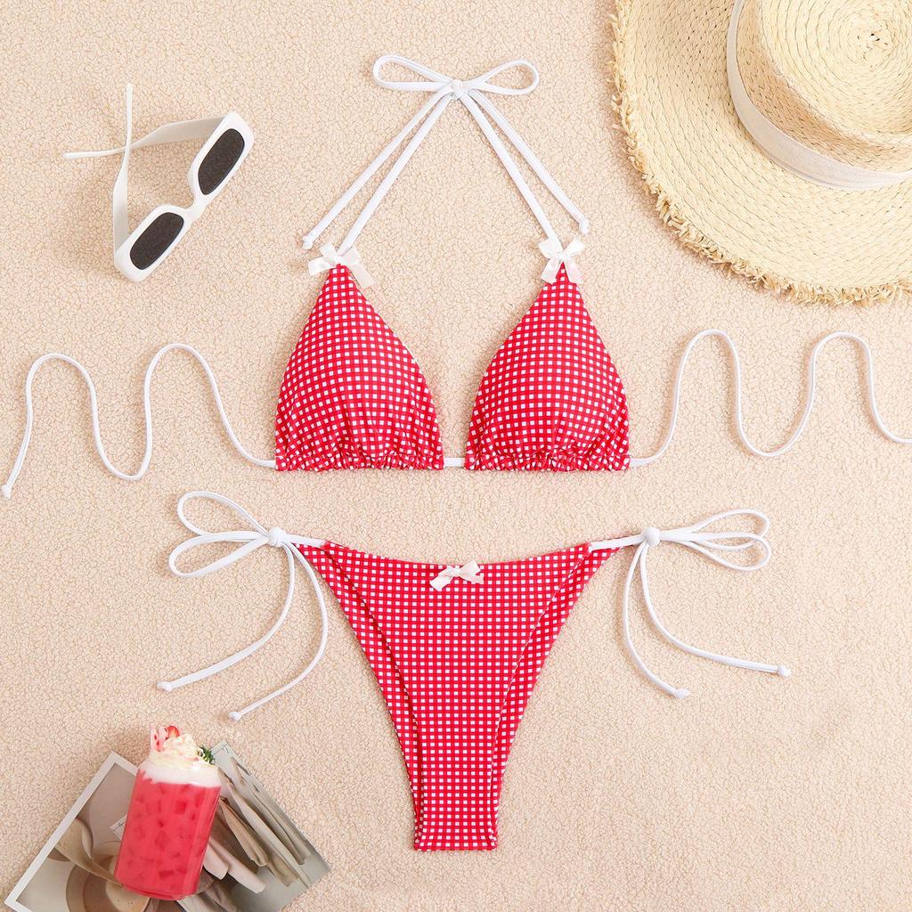 2025 Plaid Bow Bikini: Fresh Women's Two-Piece Tie-Up Swimwear for Spring