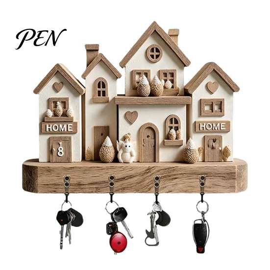 Functional Wall Hanging Key Holder Wooden Rack, Vintage Camping RV Pattern Rack with 4 Hooks, Theme Organizer 2D Farmhouse Mount for Entryway Hallway