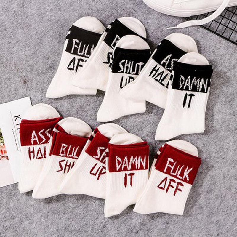 Fashion Men Women Cool Letter Print Funny Design Cotton Black Red Casual Socks