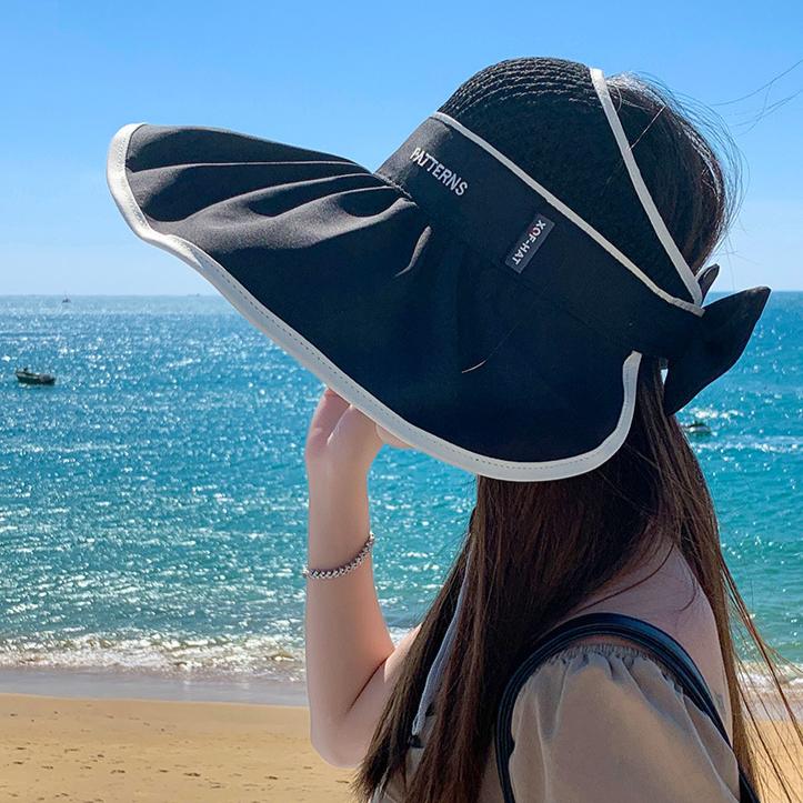 Casual Women Summer Wide Brim Sun Visor Hat Adjustable UV Protection Bow Knot Foldable Sport Empty Top Cap Beach Cap Sun Hat