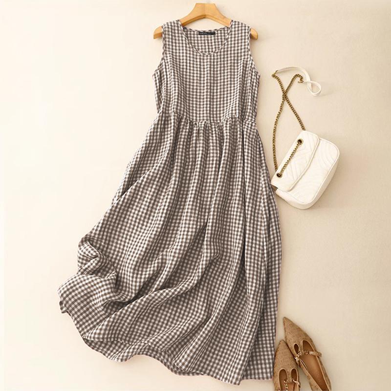 ZANZEA Rochie de vară casual pentru femei, cu gât rotund, fără mâneci, cu imprimeu carouri