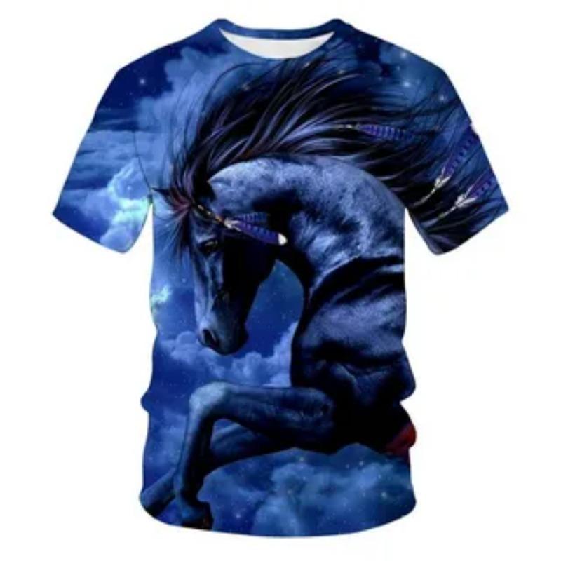 Summer Cute Animal Creative Colorful Horse Pattern Printed T-shirt Soft Comfortable Round Neck Short Sleeve Children's T-shirt