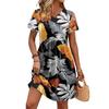Women’s Short Sleeve Casual Dress with Tropical Floral Print and Vertical Stripes Relaxed Fit Crew Neck Summer Dress