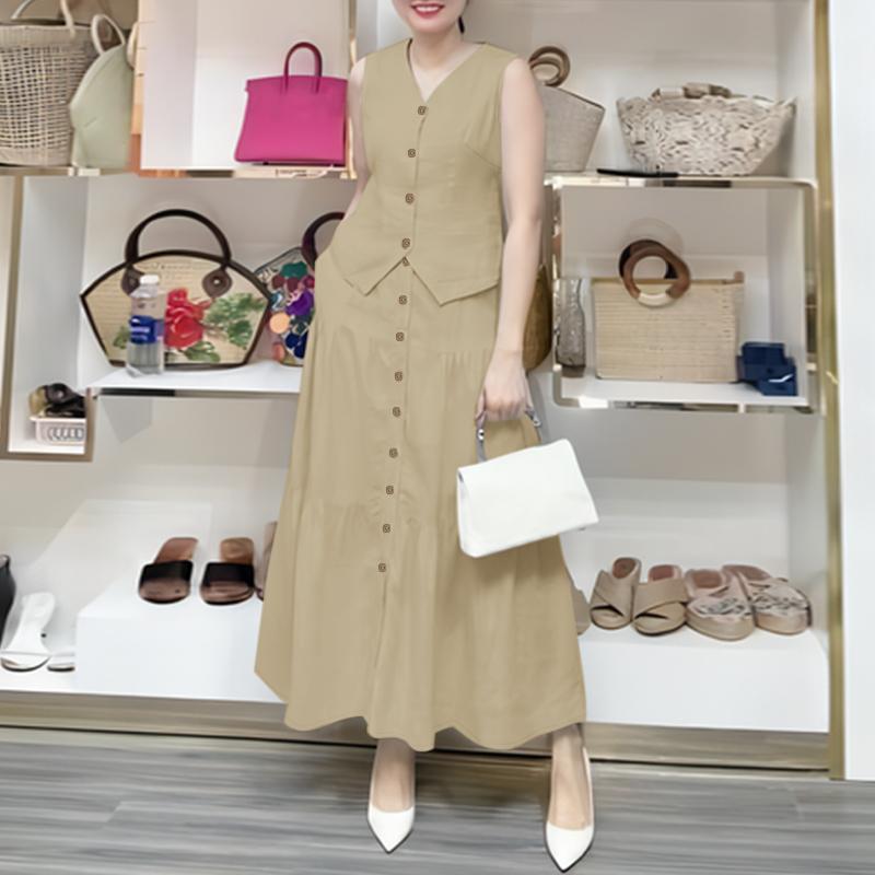 

ZANZEA Женские топы и длинные юбки Летние комплекты из двух частей 3XL хаки