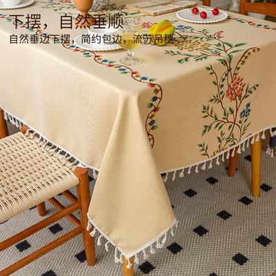 Cotton And Linen Tablecloth Light Luxury High Sense Apricot Green Branch Embroidery French Retro Rectangular Tablecloth Dining Table Round Table