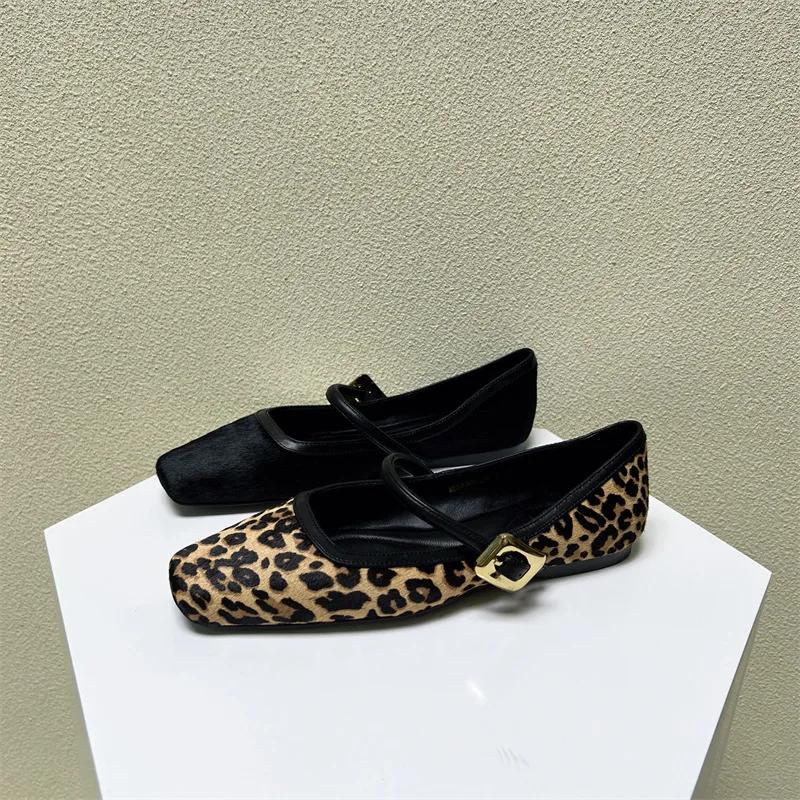 Fashion 2024 New Fashion Leopard Print Comfortable Soft Square Head Flat Shoes for Women Luxury Mary Jane Shoes Ballet Flats Women Shoes