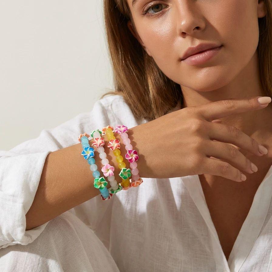 Bohemian Polymer Clay Flower Glass Beads Bracelet for Women Dopamine Plumeria Frangipani  Chain Summer Beach Party Jewelry Gift