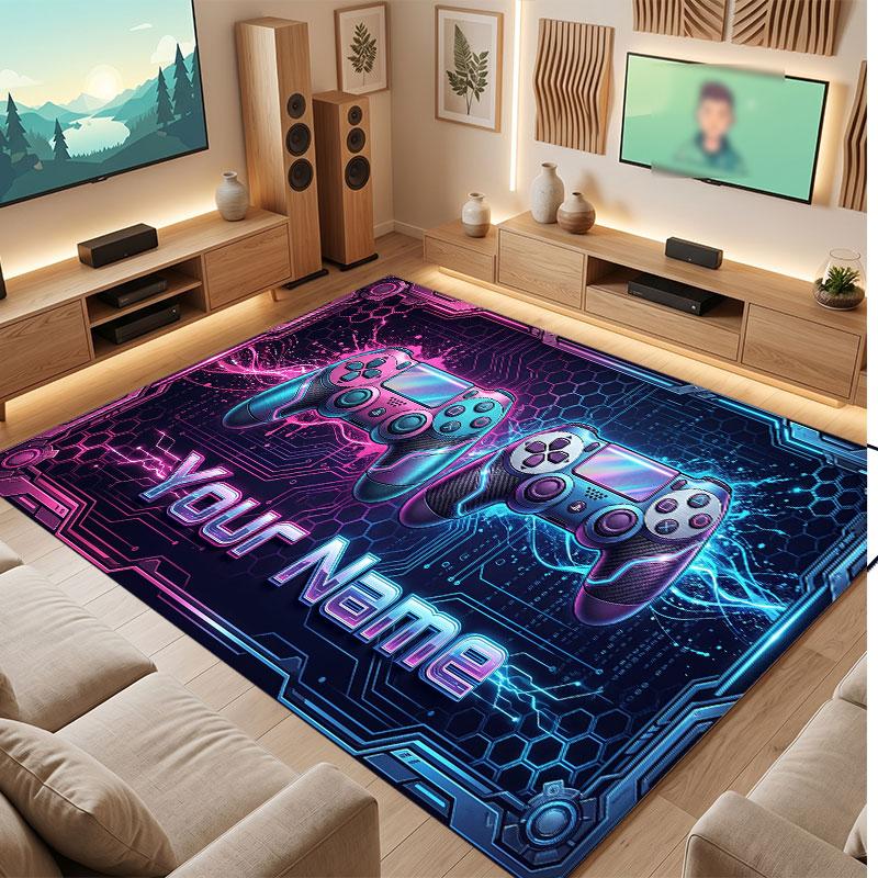 City Cyberpunk Theme Crystal Velvet Floor Rug Personalized Custom Name Text Warm Carpet Home Decoration