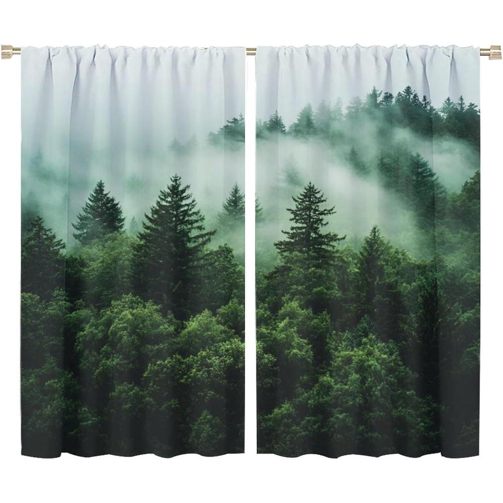 

Panels Green Misty Forest Thermal Insulated Curtains Foggy Woodland Window Drapes Pine Trees De Blackout Made Of Polyester W100*H70(CM)-Hooks&1PCS