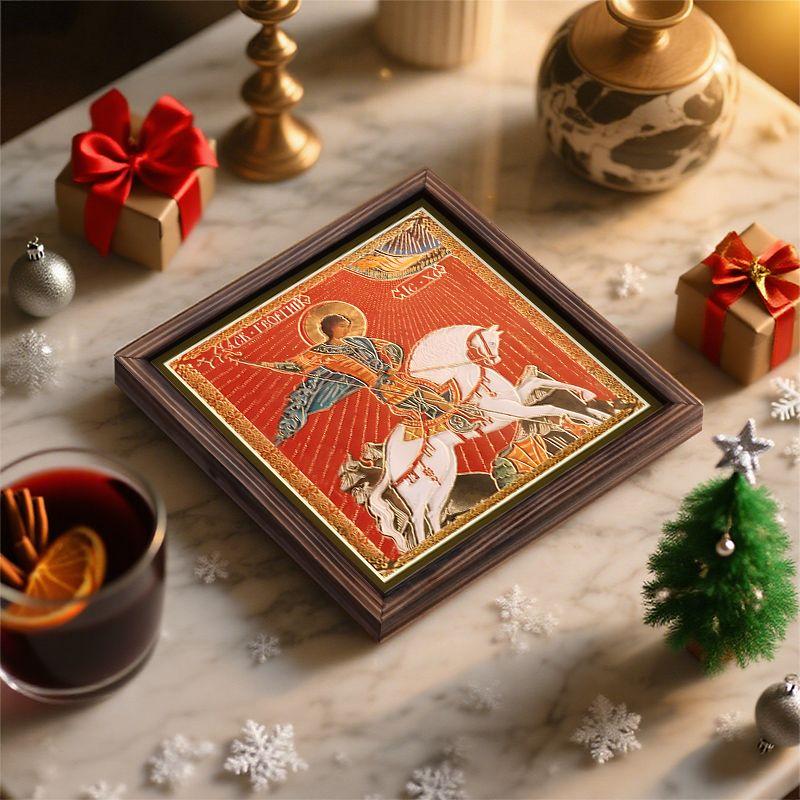 Pintura decorativa de iconos ortodoxos, Icono consagrado "San. Jorge el Victorioso a caballo",Pintura con marco,Arte Cristiano para Pared,20cm*20cm,regalo