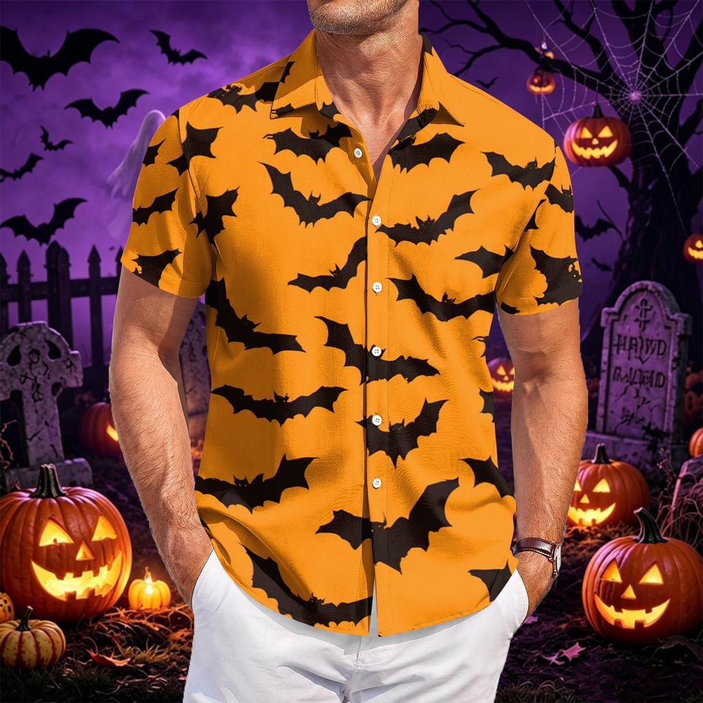 Men's Casual Short Sleeve Shirt Button Down Lightweight Breathable Fabric Halloween Bat Print Shirt for Summer Beach Party