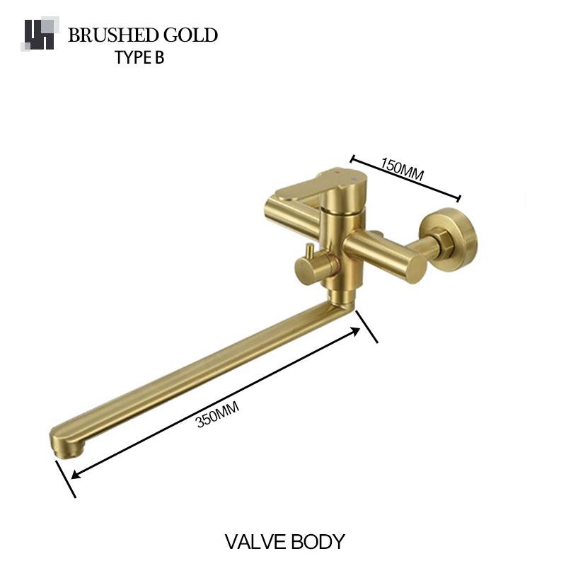 In-Wall Brushed Gold Extra Long Spout Kitchen Sink Faucet Black Hot Cold Double Hole Washbasin Mixer Water Tap Stainless Steel