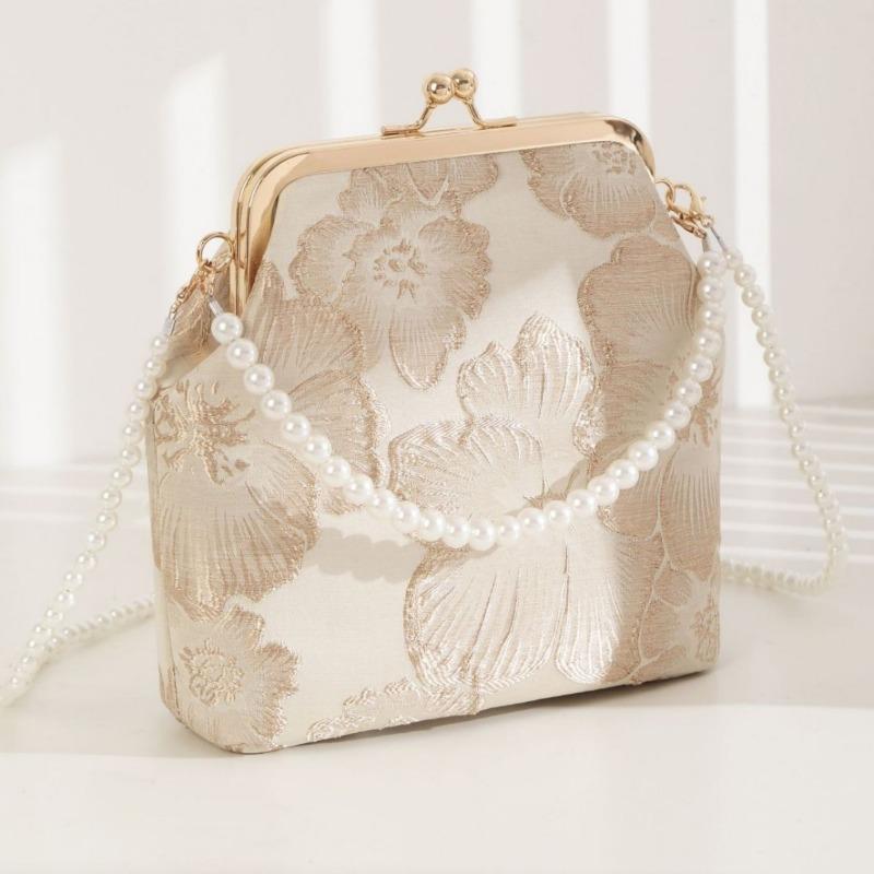 New Antique Mouth Gold Bag Rich Flower Pattern Women's Messenger Evening Cheongsam Bag Mobile Phone Chain Small Square Bag