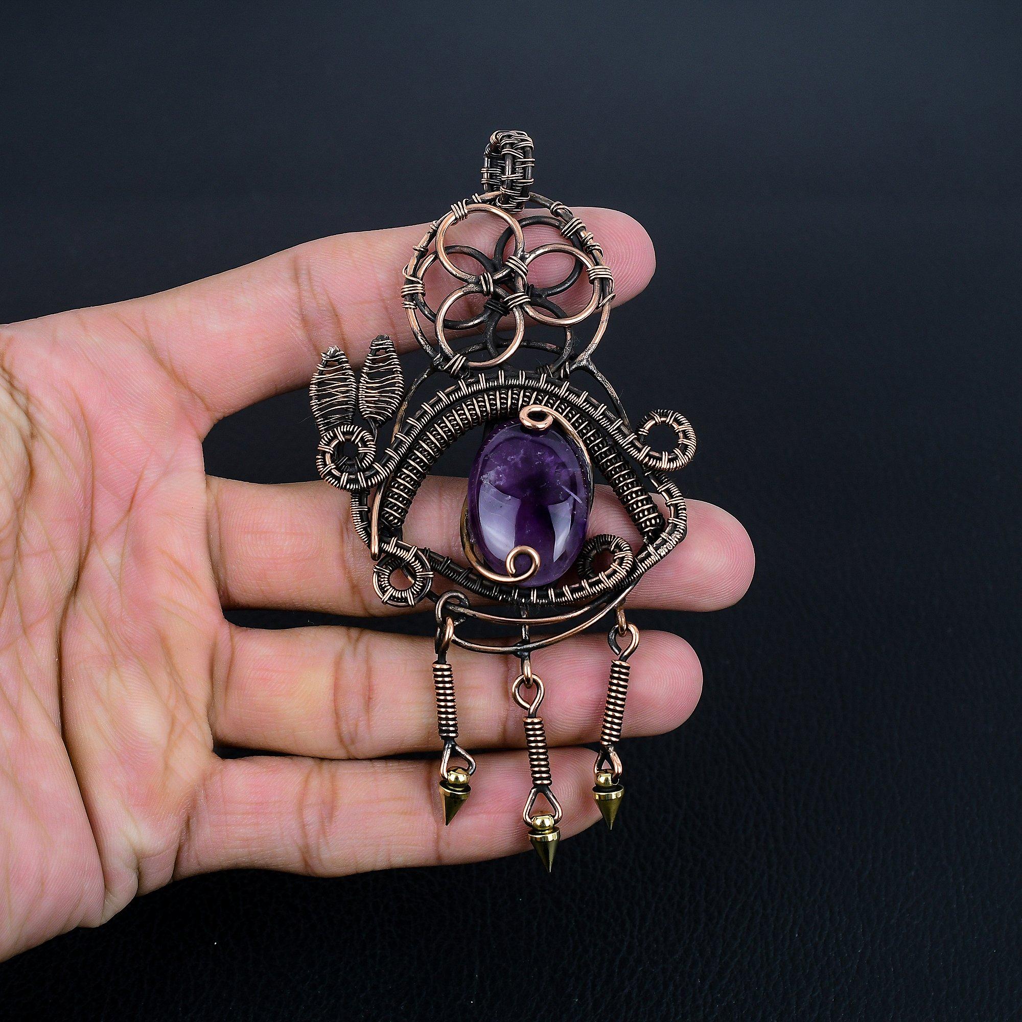 

Аметистовый кулон, ювелирное изделие из драгоценного камня, кулон, обернутый медной проволокой 999 пробы, подарок для женщин, кулон ручной работы 2.55 Inches