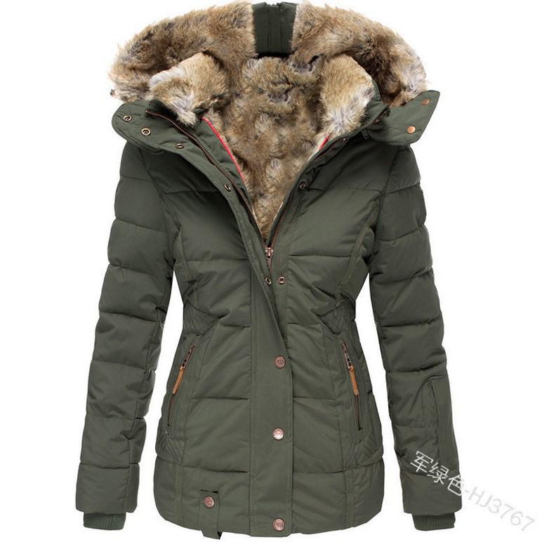 Women's Winter Faux Fur Collar Cotton Padded Jacket - Slim Fit, Long Sleeve, Zipper Hooded Overcoat